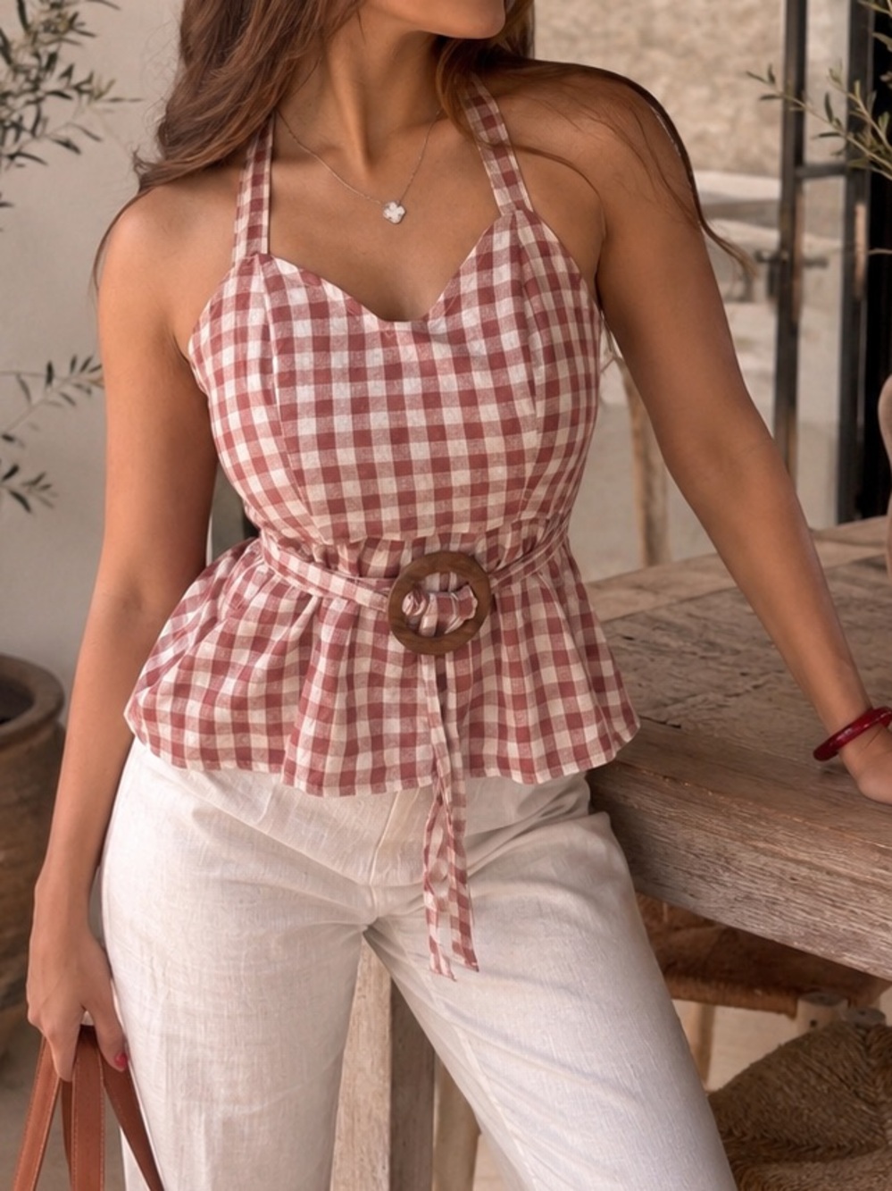ASOS Red and White Checkered Blouse with Belt